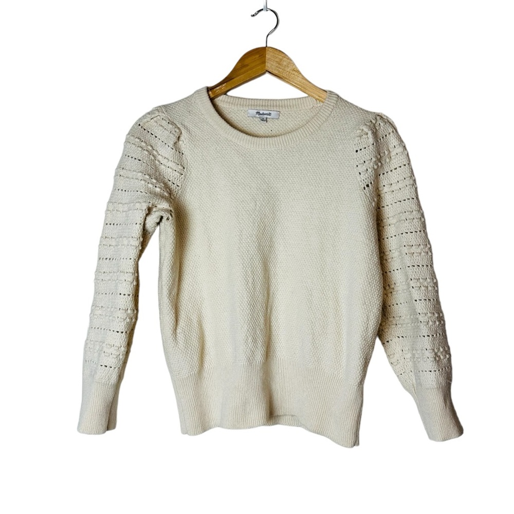 Madewell Womens Bobble Sleeve Sweater Pullover Ivory Cotton Merino Wool Medium - Picture 2 of 7